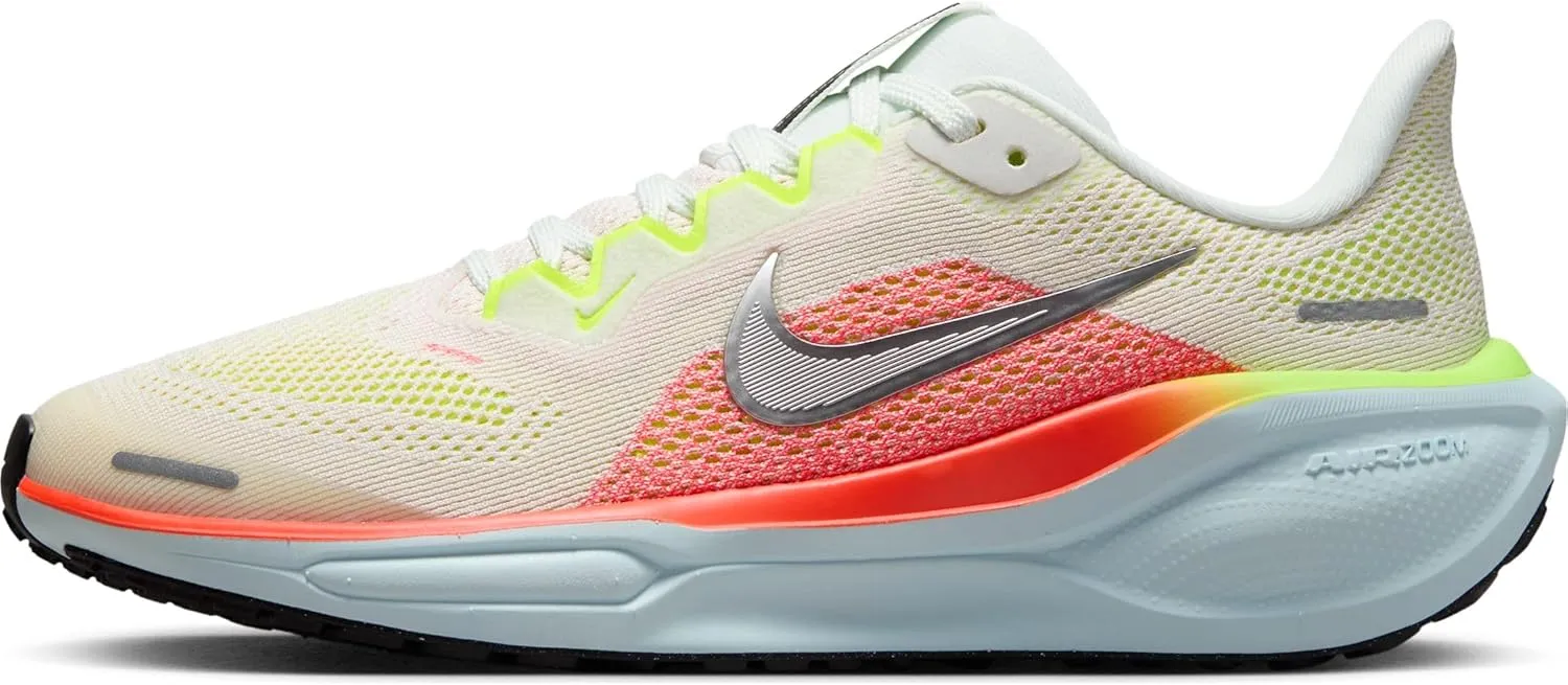 Nike Pegasus 41 Big Kids' Road Running Shoes (FN5041-100, Summit White/Bright Crimson/Glacier Blue/Chrome) Size 5.5