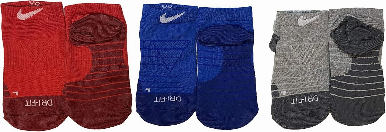Nike Little Kids' Dri-FIT Cushioned No-Show Socks 3 Pack (Red(UN0010-U89)/Grey, 5-7(Kids 10C-3Y))