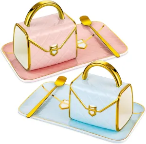 Nitial 2 Sets Handbag Shaped Mug and Saucer Set 10 oz/ 310 ml Ceramic Coffee Mug Purse Tea Cup with Saucer Spoon for Office Home Coffee(Pink, Blue)