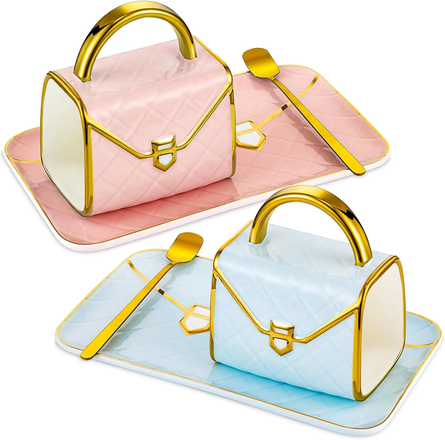 Nitial 2 Sets Handbag Shaped Mug and Saucer Set 10 oz/ 310 ml Ceramic Coffee Mug Purse Tea Cup with Saucer Spoon for Office Home Coffee(Pink, Blue)