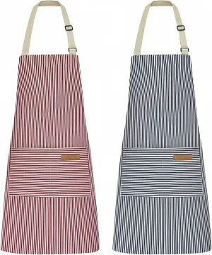 NLUS 2 Pack Kitchen Cooking Aprons, Adjustable Bib Soft Chef Apron with 2 Pockets for Men Women (Blue Pinstripes/Pink Pinstripes)