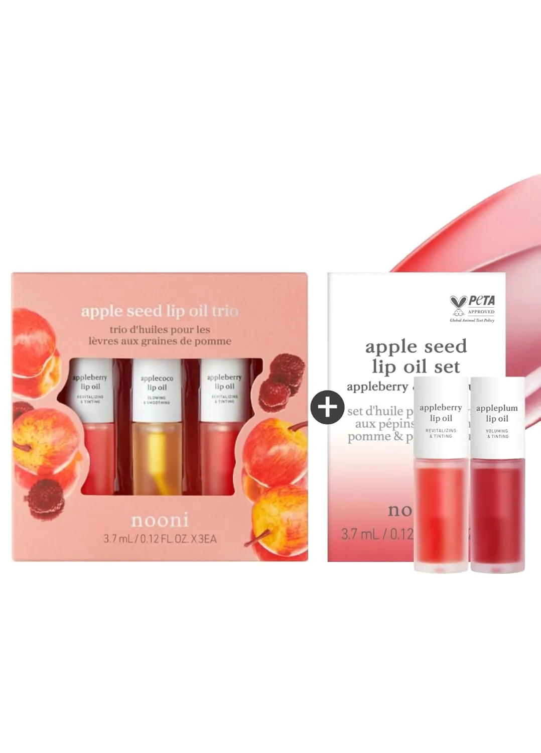 NOONI Korean Hydrating Lip Oil Gift Set - Appleseed Lip Oil Trio, 0.12 Fl Oz x 3ea   Korean Hydrating Lip Oil Set - Appleberry & Appleplum, 0.12 FL Oz x 2ea Bundle