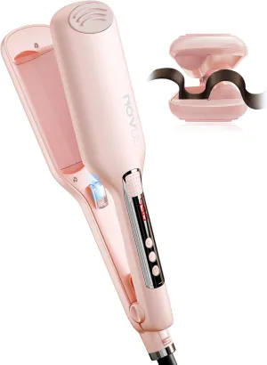 NOVUS Beach Waves Curling Iron, Ionic 2 Barrel Hair Crimper Wand for Women, Ceramic Anti-Scald Waver with Adjustable Heat, 1.1 Inch Pink, Easy to Use for Long-Lasting Shiny Curls
