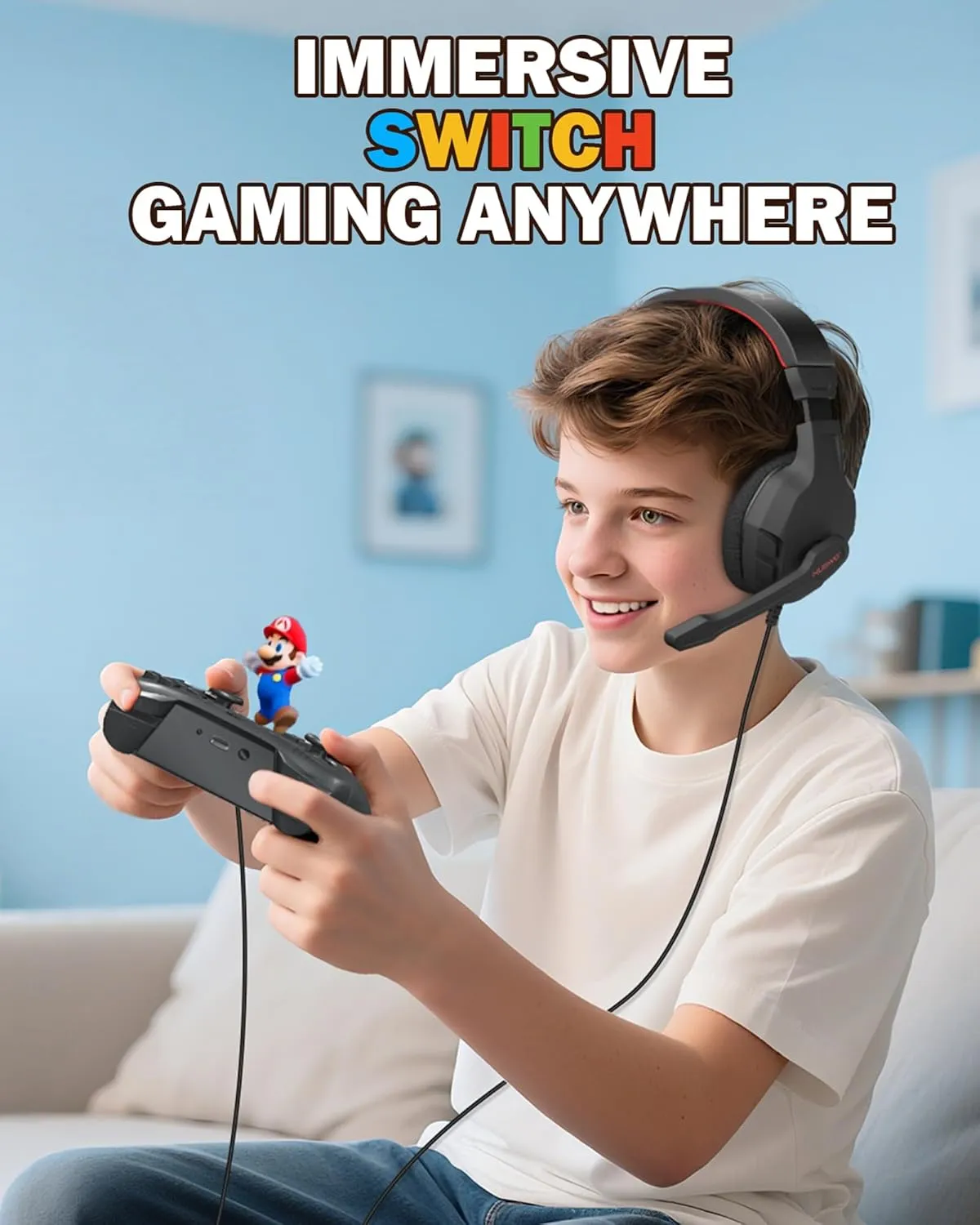 NUBWO U3 Gaming Headset with Microphone, Safe Volume Limited, Kids Headphones for Switch, Super Lightweight, Rich Sound, 3.5mm Jack for NS, Tablet, iPad Computer, Red