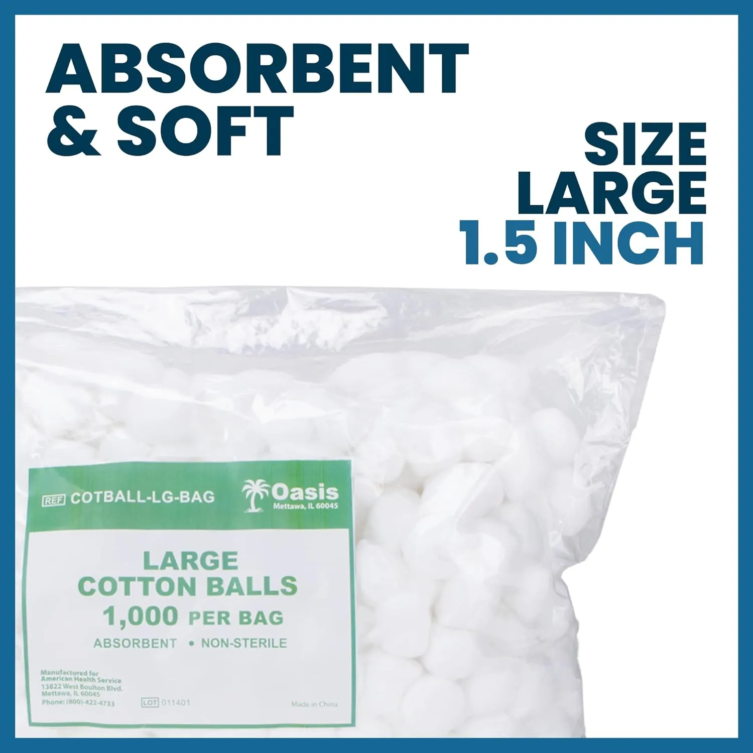 Oasis Large Cotton Balls, 1000 Bulk Count, Soft & Absorbent Cotton Balls for First Aid, Medical, and Beauty
