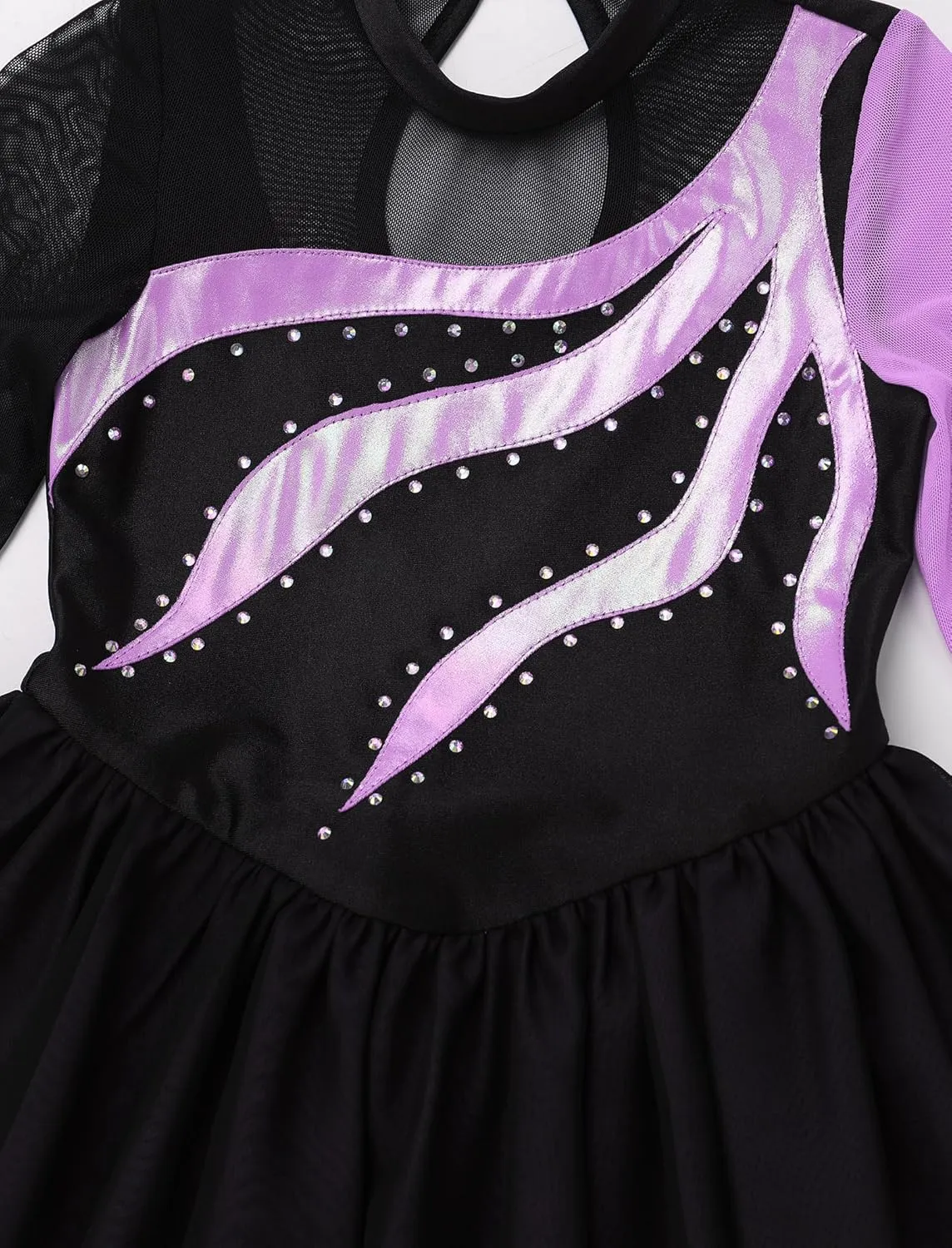 ODASDO Figure Ice Skating Dress for Girls Kids Mesh Long Sleeve Sparkly Rhinestones Skirted Leotard Gymnastics Dance Outfit