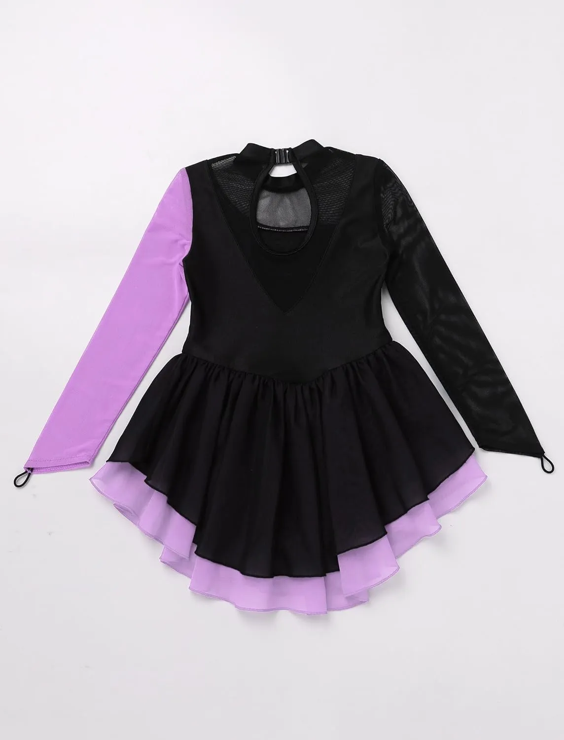 ODASDO Figure Ice Skating Dress for Girls Kids Mesh Long Sleeve Sparkly Rhinestones Skirted Leotard Gymnastics Dance Outfit