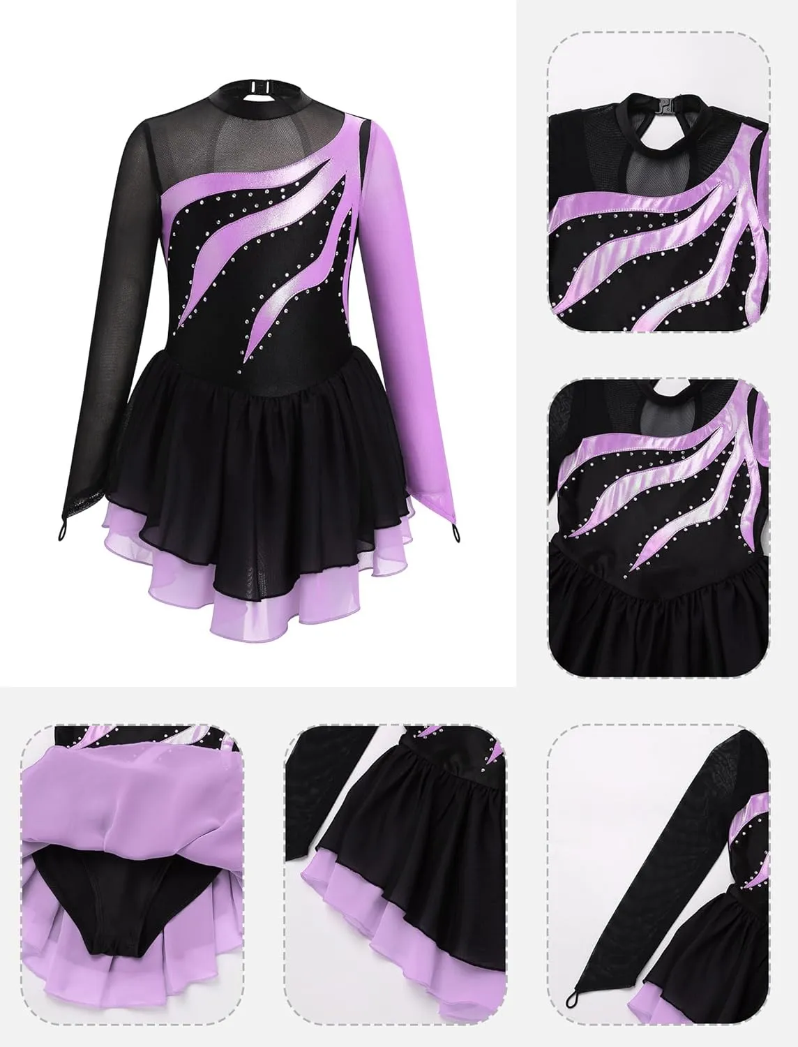 ODASDO Figure Ice Skating Dress for Girls Kids Mesh Long Sleeve Sparkly Rhinestones Skirted Leotard Gymnastics Dance Outfit