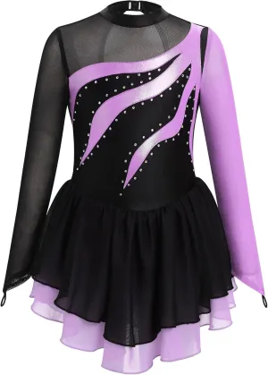 ODASDO Figure Ice Skating Dress for Girls Kids Mesh Long Sleeve Sparkly Rhinestones Skirted Leotard Gymnastics Dance Outfit