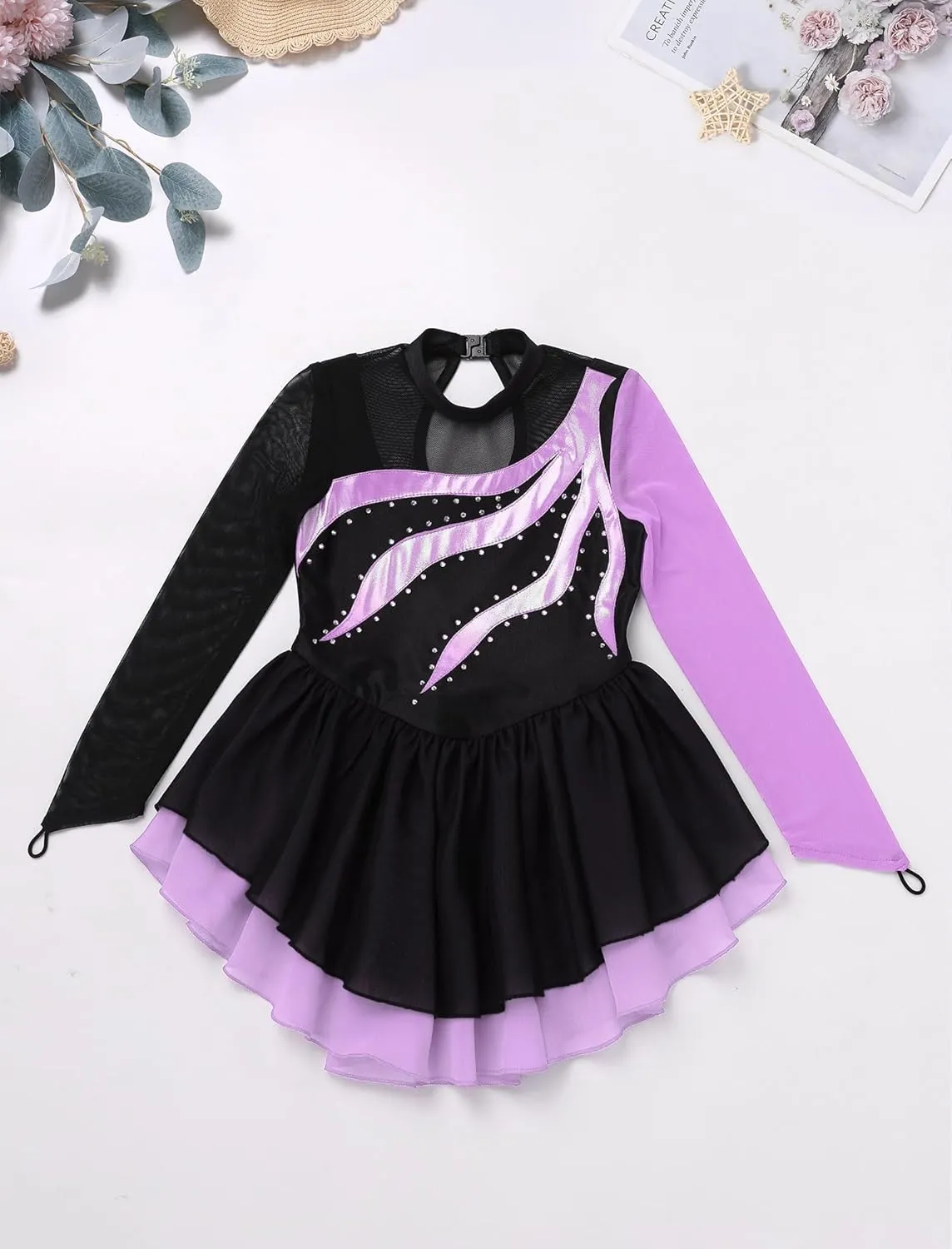 ODASDO Figure Ice Skating Dress for Girls Kids Mesh Long Sleeve Sparkly Rhinestones Skirted Leotard Gymnastics Dance Outfit