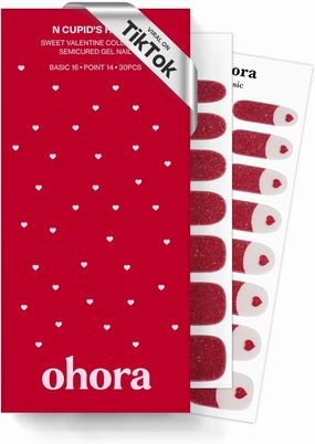 ohora Semi Cured Gel Nail Strips (N Cupid's Heart) - Red, Glitter, Works with Any UV/LED Lamps, Salon-Quality, Long Lasting, Easy to Apply & Remove - Includes 2 Prep Pads, Nail File & Wooden Stick