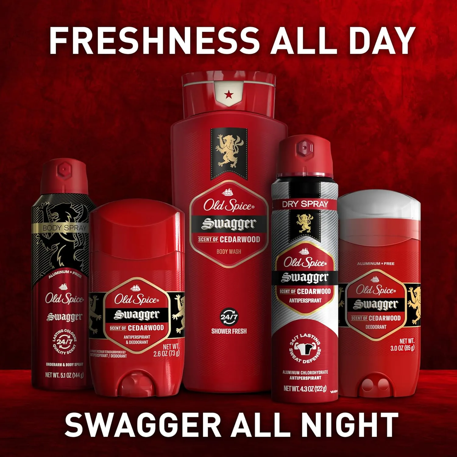 Old Spice Refreshing Body Wash for Men, 3X Defense, 24/7 Shower Fresh with Long Lasting Scent, Red Collection, Swagger with Cedarwood Scent, 16 oz (Pack of 4)