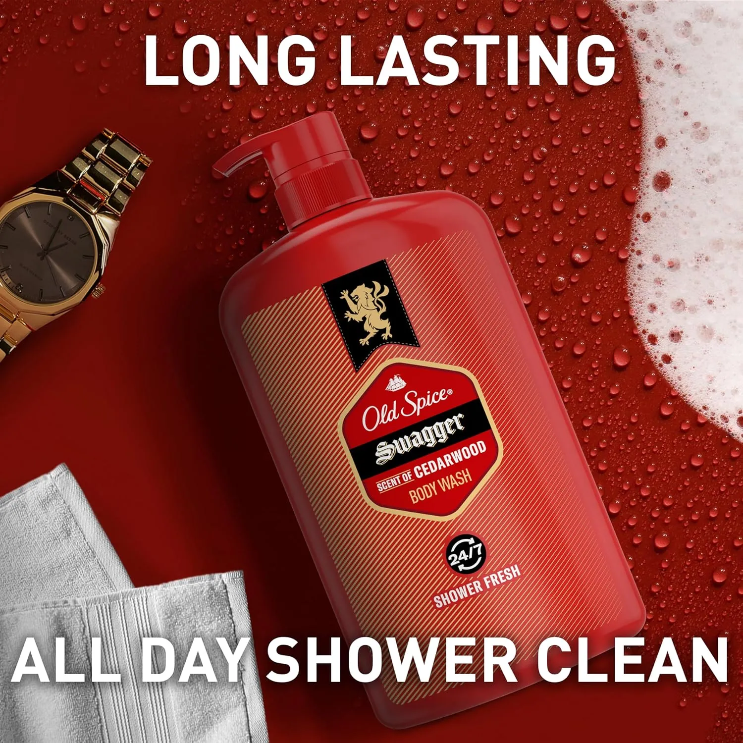 Old Spice Refreshing Body Wash for Men, 3X Defense, 24/7 Shower Fresh with Long Lasting Scent, Red Collection, Swagger with Cedarwood Scent, 33.4 oz (Pack of 4)