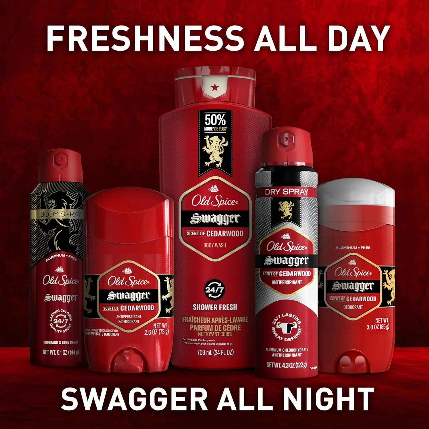 Old Spice Refreshing Body Wash for Men, 3X Defense, 24/7 Shower Fresh with Long Lasting Scent, Red Collection, Swagger with Cedarwood Scent, 24 oz (Pack of 2)