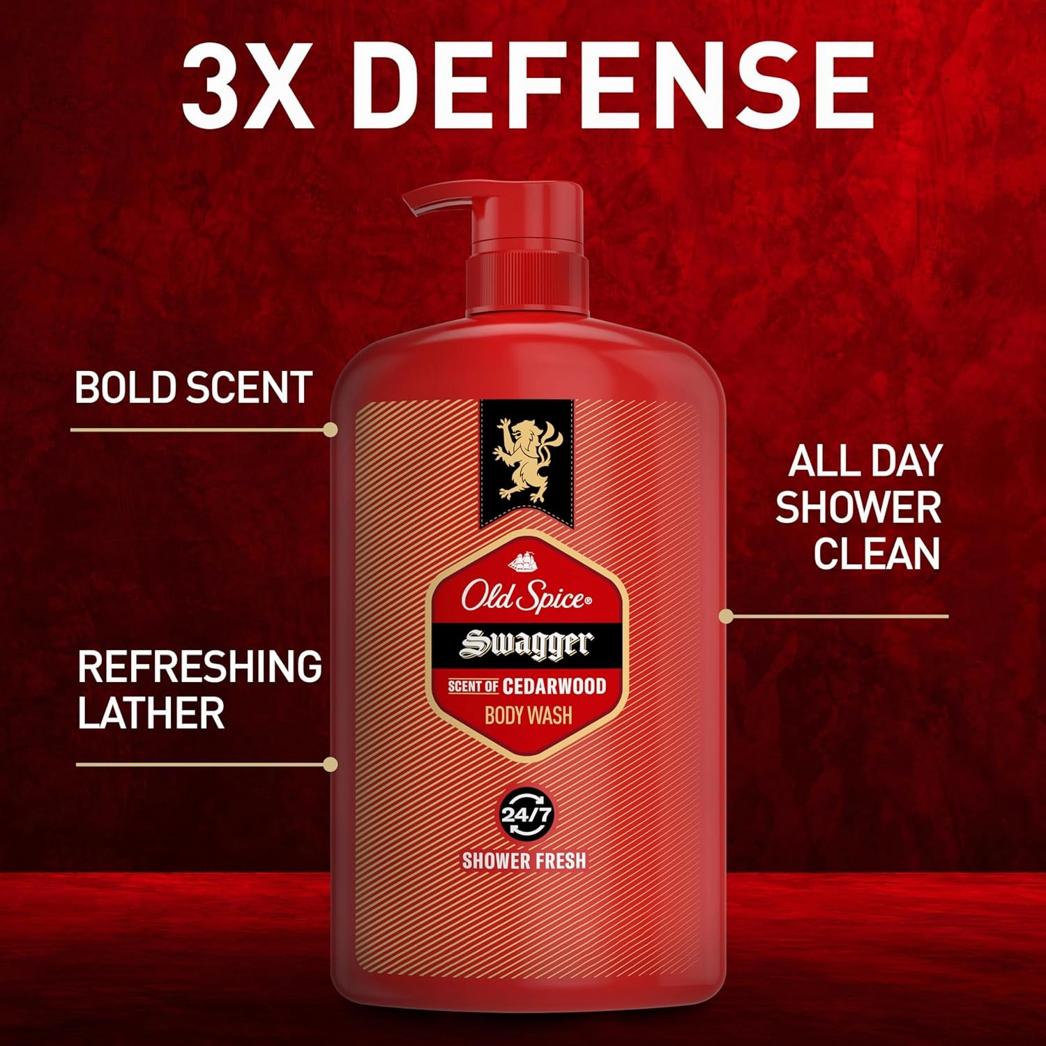 Old Spice Refreshing Body Wash for Men, 3X Defense, 24/7 Shower Fresh with Long Lasting Scent, Red Collection, Swagger with Cedarwood Scent, 33.4 oz (Pack of 4)