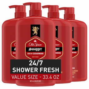 Old Spice Refreshing Body Wash for Men, 3X Defense, 24/7 Shower Fresh with Long Lasting Scent, Red Collection, Swagger with Cedarwood Scent, 33.4 oz (Pack of 4)