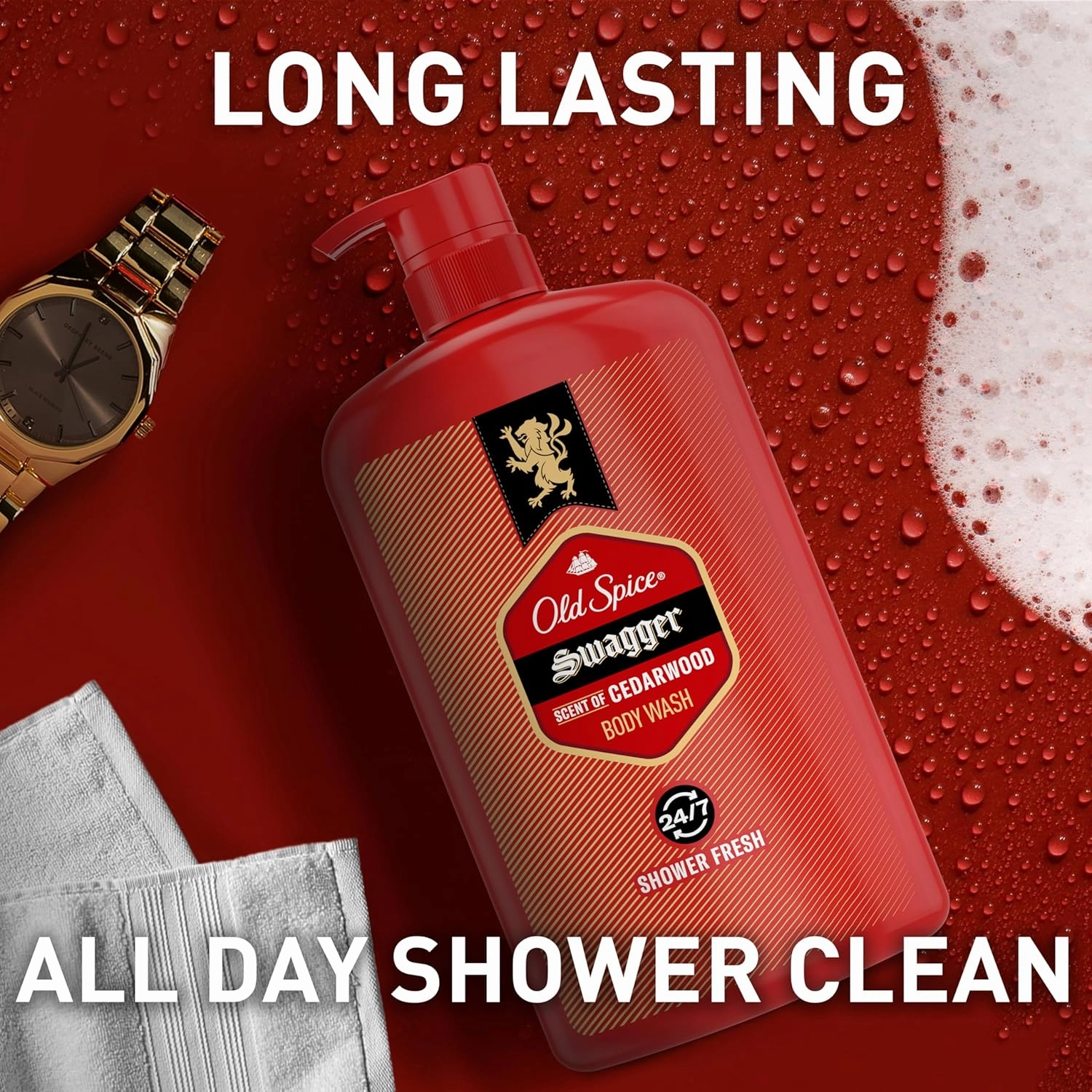 Old Spice Refreshing Body Wash for Men, 3X Defense, 24/7 Shower Fresh with Long Lasting Scent, Red Collection, Swagger with Cedarwood Scent, 33.4 oz (Pack of 4)