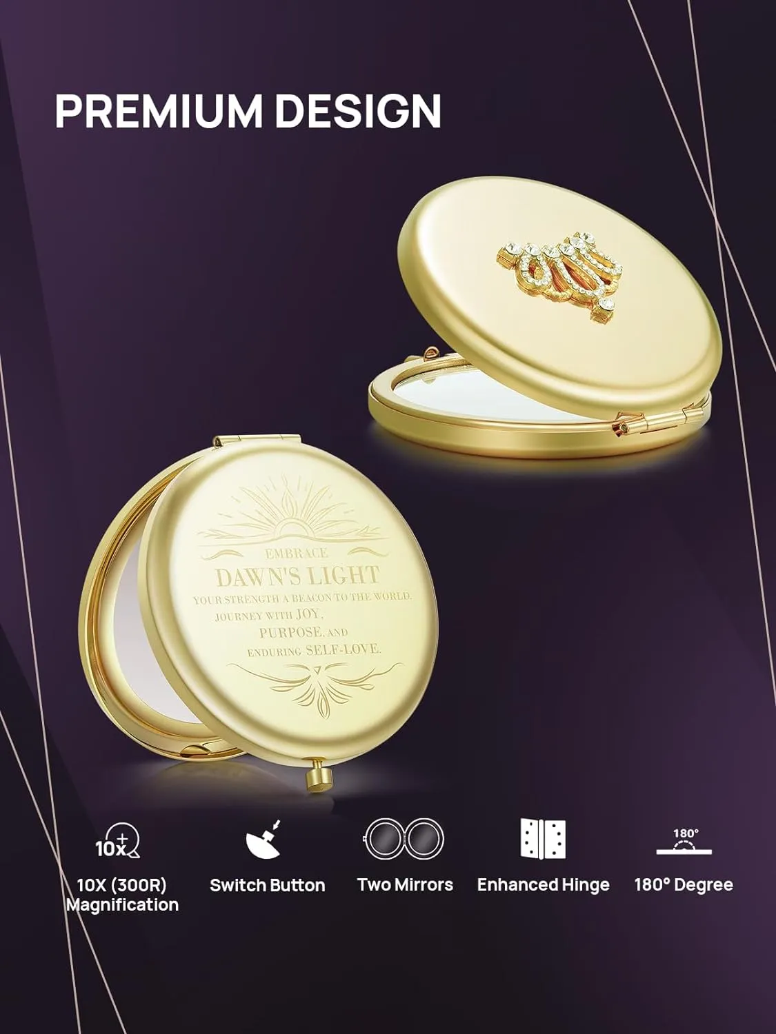 OMIRO 1X/10X Magnifying Compact Mirror, Small Crown Engraved Pocket Makeup Mirror Gift for Her Women Mom (Gold)