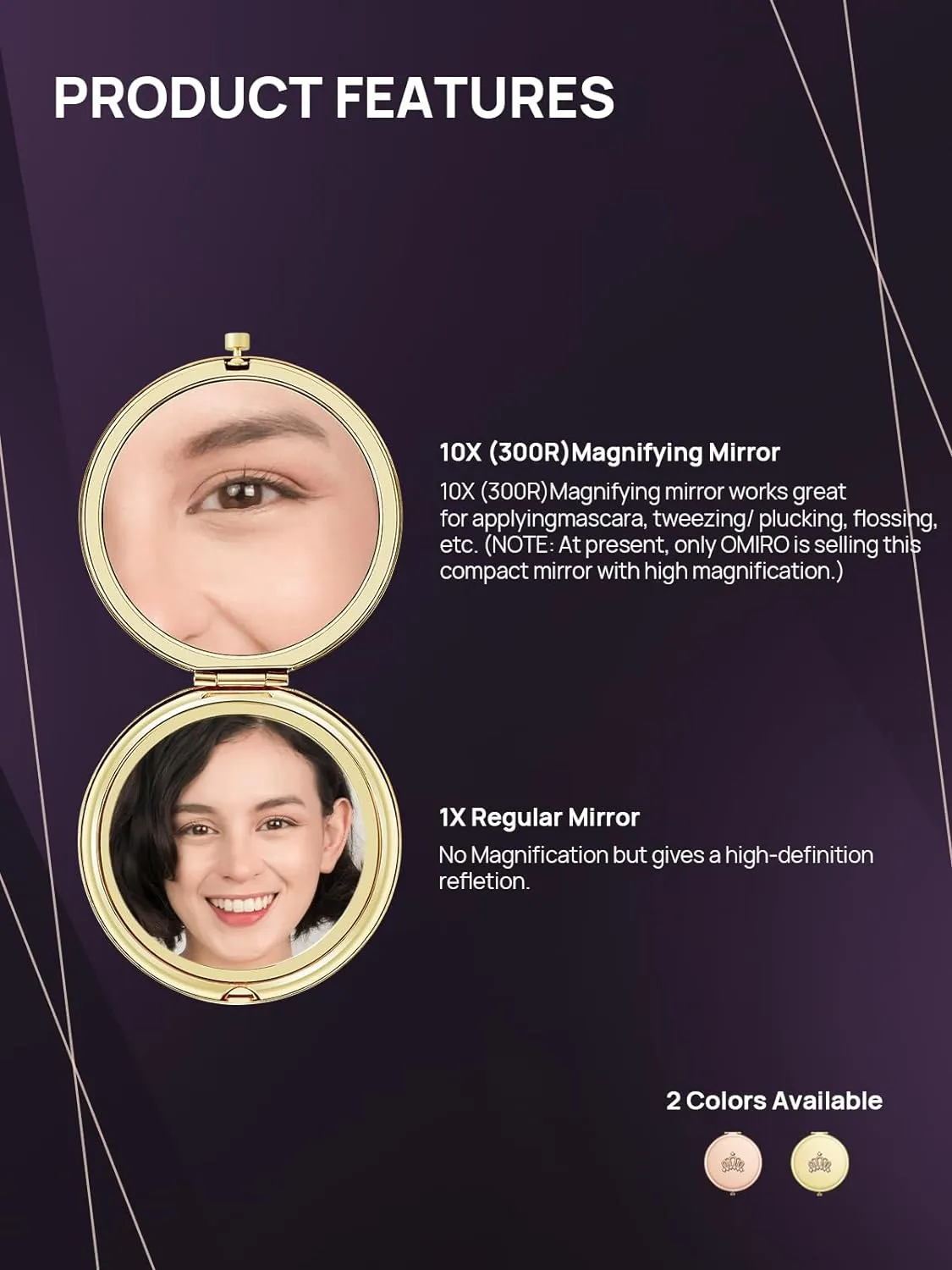 OMIRO 1X/10X Magnifying Compact Mirror, Small Crown Engraved Pocket Makeup Mirror Gift for Her Women Mom (Gold)