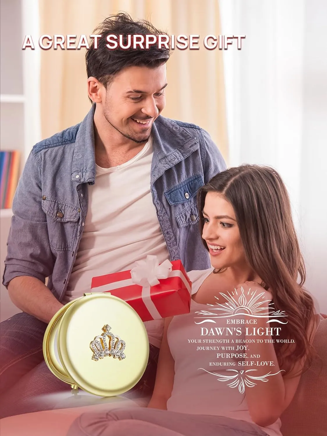 OMIRO 1X/10X Magnifying Compact Mirror, Small Crown Engraved Pocket Makeup Mirror Gift for Her Women Mom (Gold)