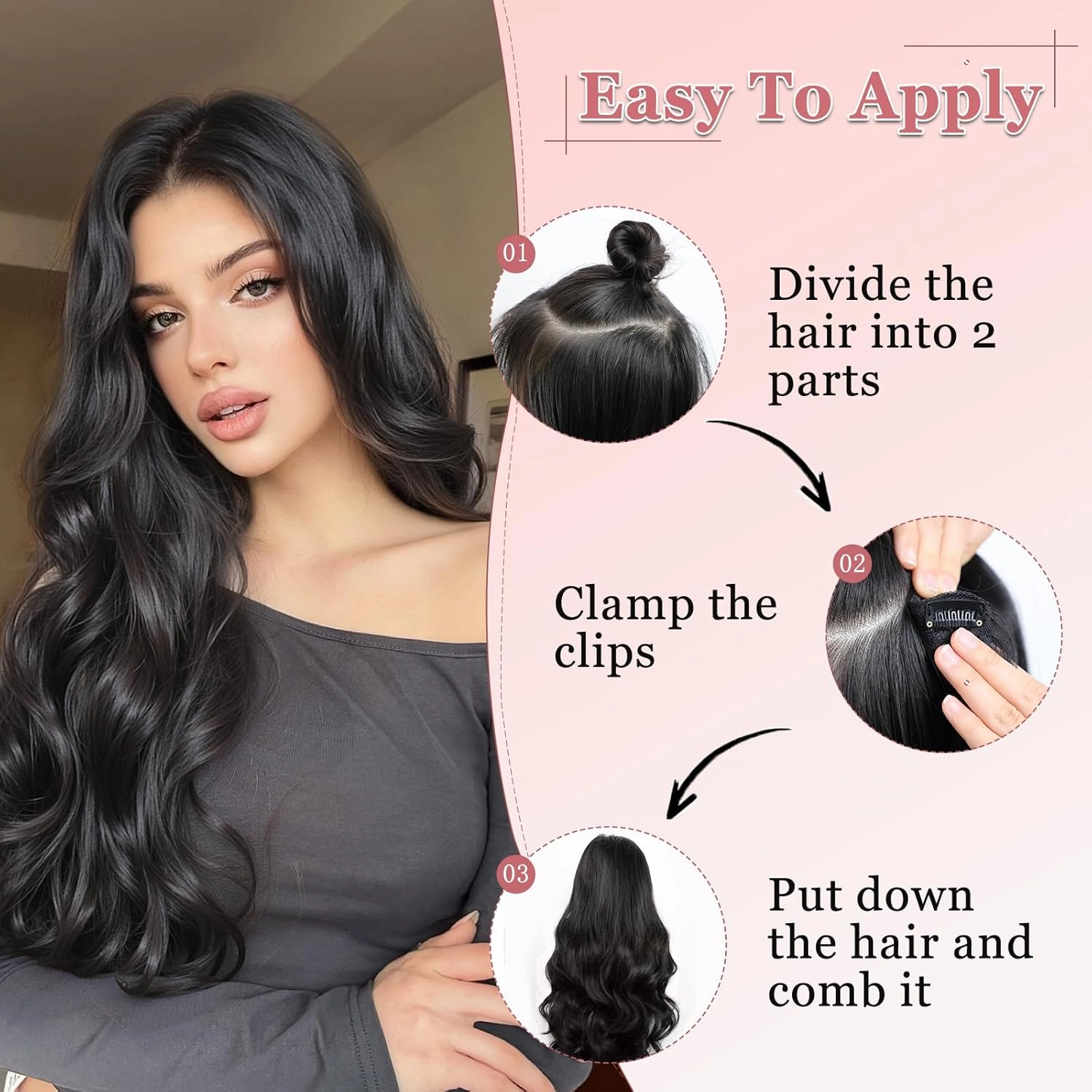 One Piece Clip in Hair Extensions XIXISNOW 24 Inch U-Shaped Long Natural Black Synthetic Soft Less Tangling Invisible Wavy Clips on Harpieces For Women