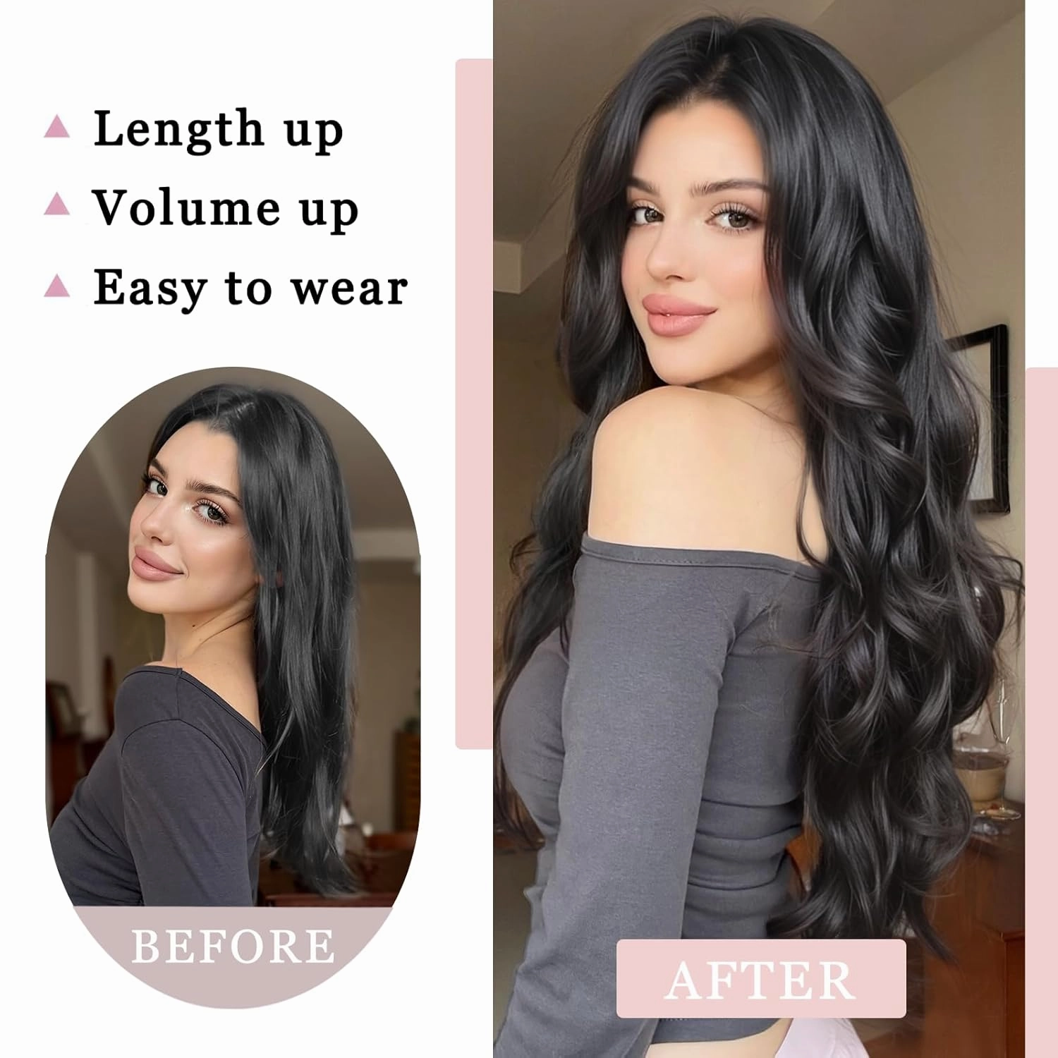 One Piece Clip in Hair Extensions XIXISNOW 24 Inch U-Shaped Long Natural Black Synthetic Soft Less Tangling Invisible Wavy Clips on Harpieces For Women