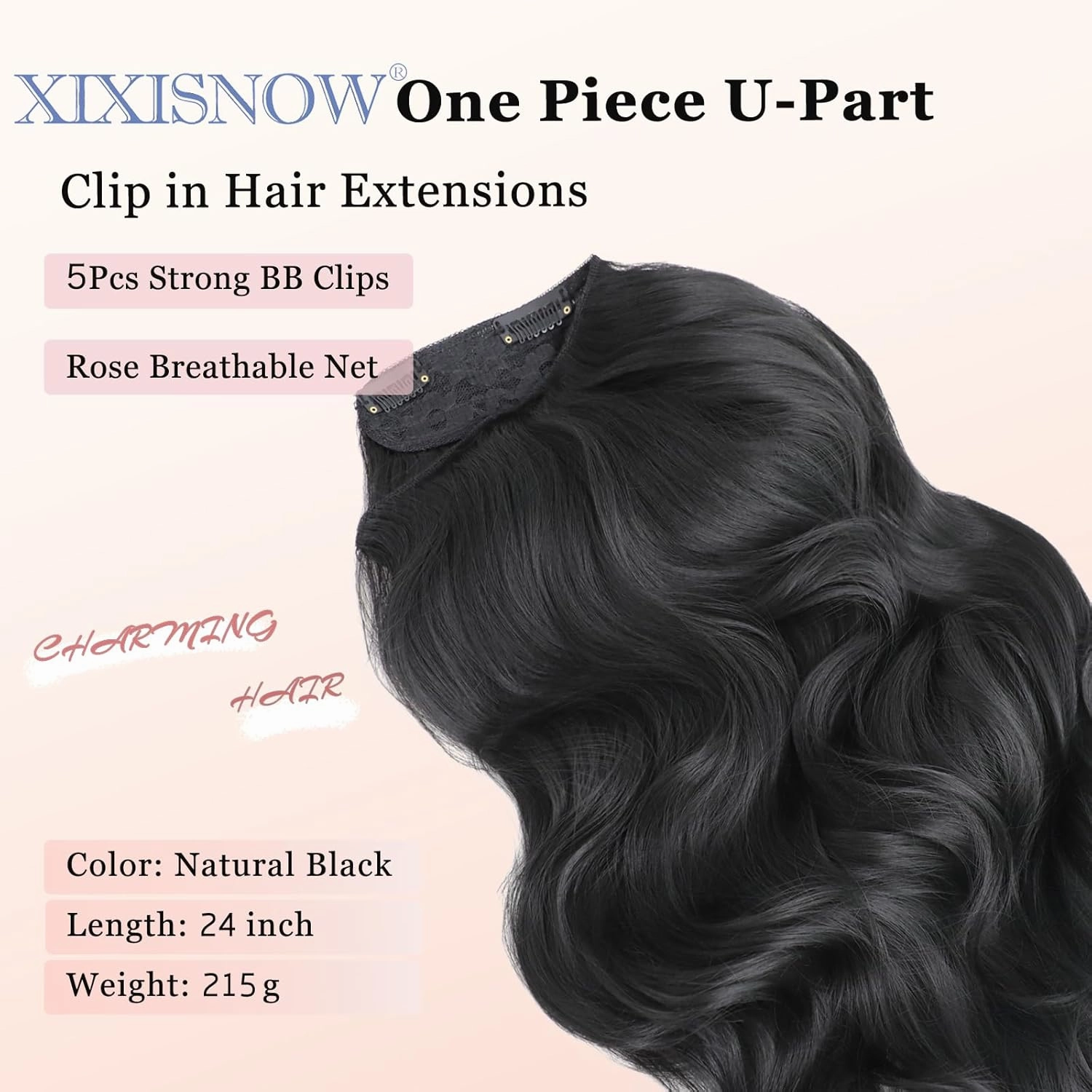 One Piece Clip in Hair Extensions XIXISNOW 24 Inch U-Shaped Long Natural Black Synthetic Soft Less Tangling Invisible Wavy Clips on Harpieces For Women