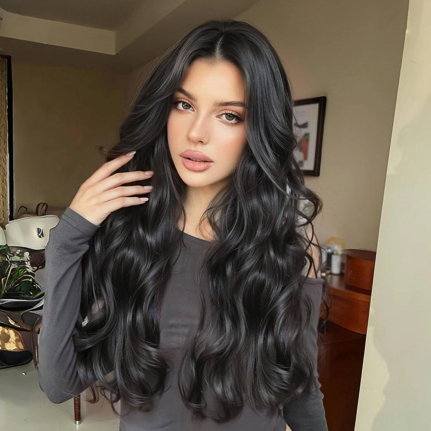 One Piece Clip in Hair Extensions XIXISNOW 24 Inch U-Shaped Long Natural Black Synthetic Soft Less Tangling Invisible Wavy Clips on Harpieces For Women