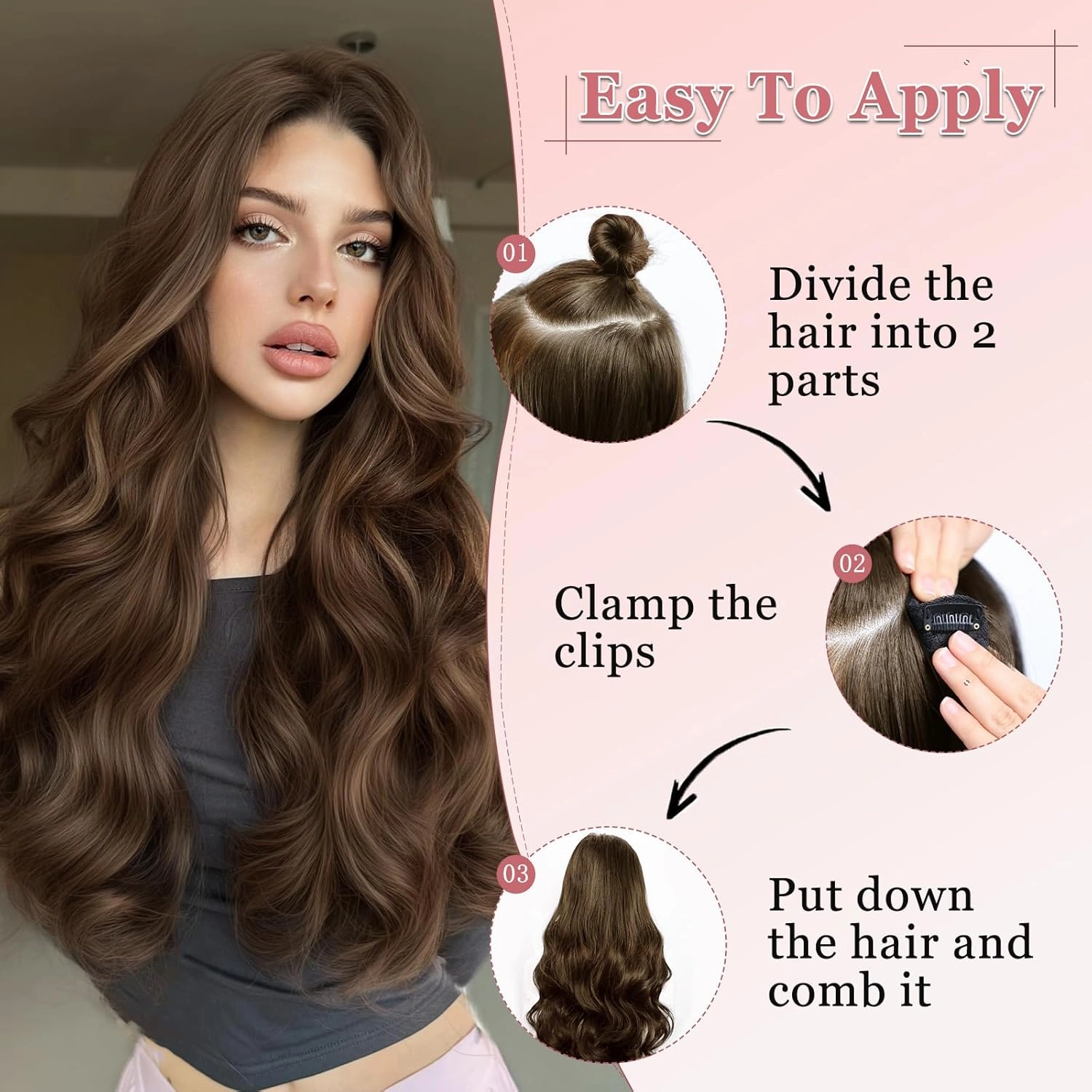 One Piece Clip in Hair Extensions XIXISNOW 24 Inch U-Shaped Wavy Brown For Women Clips on Hairpieces Synthetic Fiber Soft and Natural Hairpiece