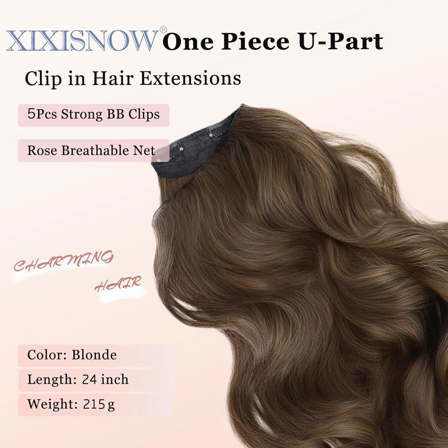 One Piece Clip in Hair Extensions XIXISNOW 24 Inch U-Shaped Wavy Brown For Women Clips on Hairpieces Synthetic Fiber Soft and Natural Hairpiece