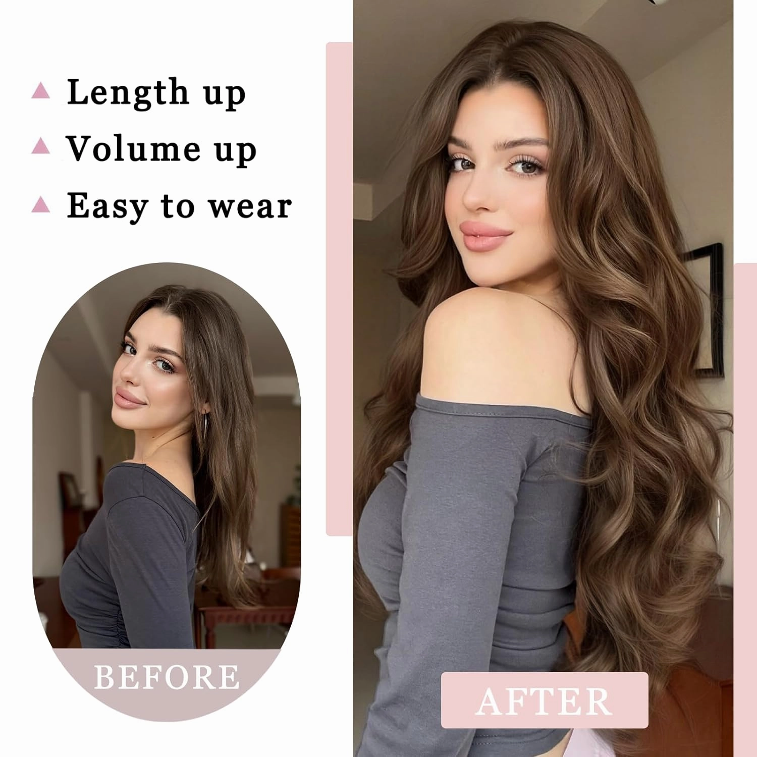 One Piece Clip in Hair Extensions XIXISNOW 24 Inch U-Shaped Wavy Brown For Women Clips on Hairpieces Synthetic Fiber Soft and Natural Hairpiece