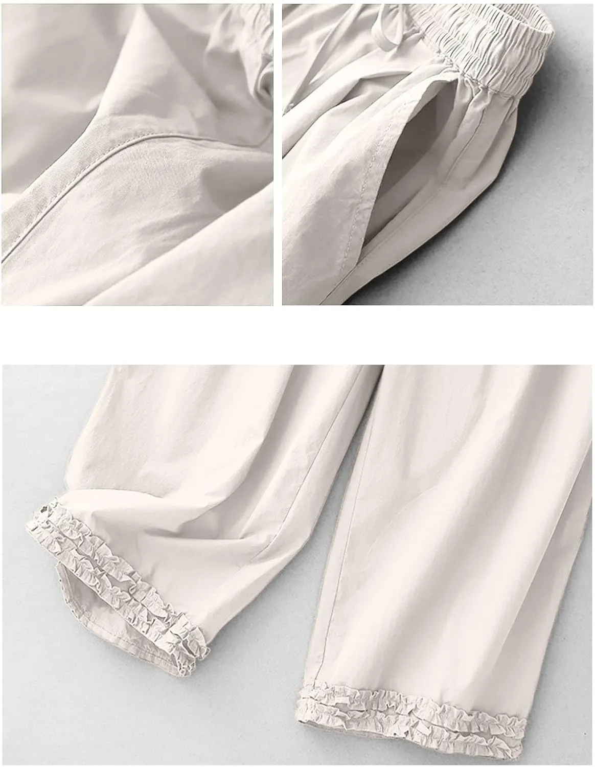 Oplxuo Women Cotton Linen Pants Elastic High Waisted Drawstring Wide Leg Palazzo Pants Casual Loose Trousers with Pockets