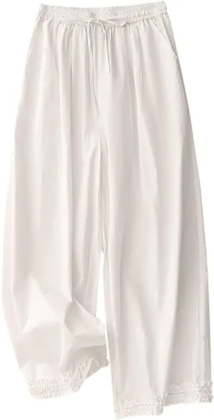 Oplxuo Women Cotton Linen Pants Elastic High Waisted Drawstring Wide Leg Palazzo Pants Casual Loose Trousers with Pockets