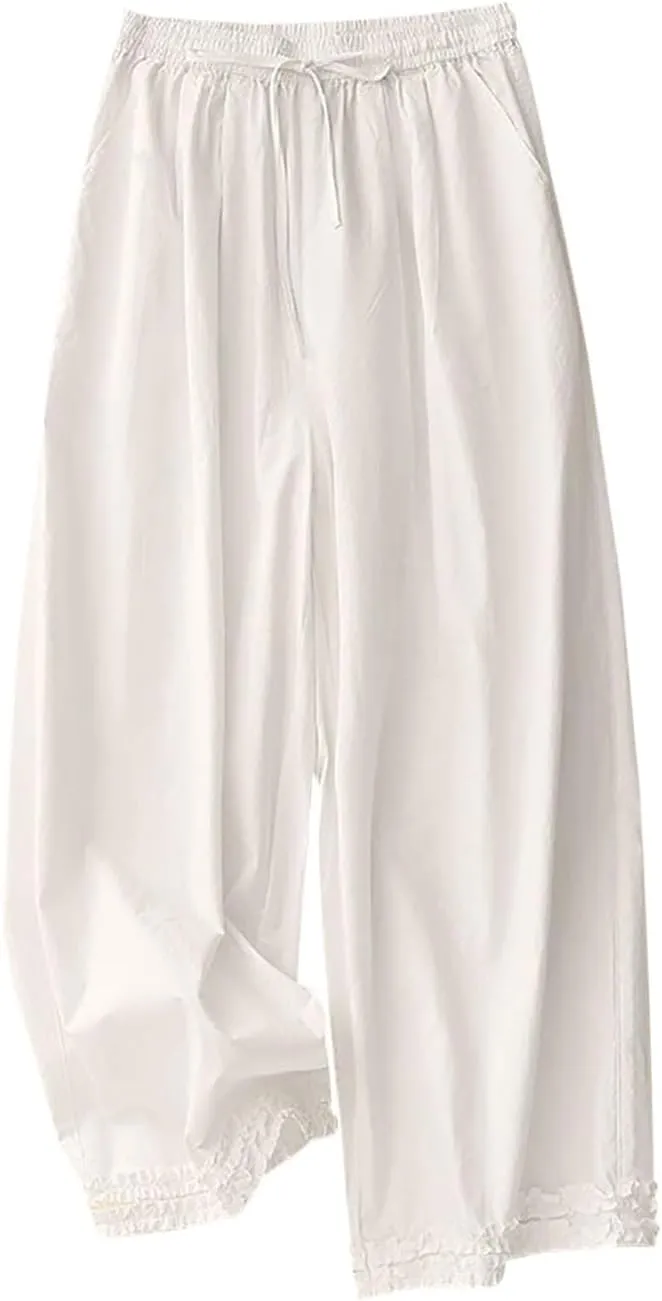 Oplxuo Women Cotton Linen Pants Elastic High Waisted Drawstring Wide Leg Palazzo Pants Casual Loose Trousers with Pockets