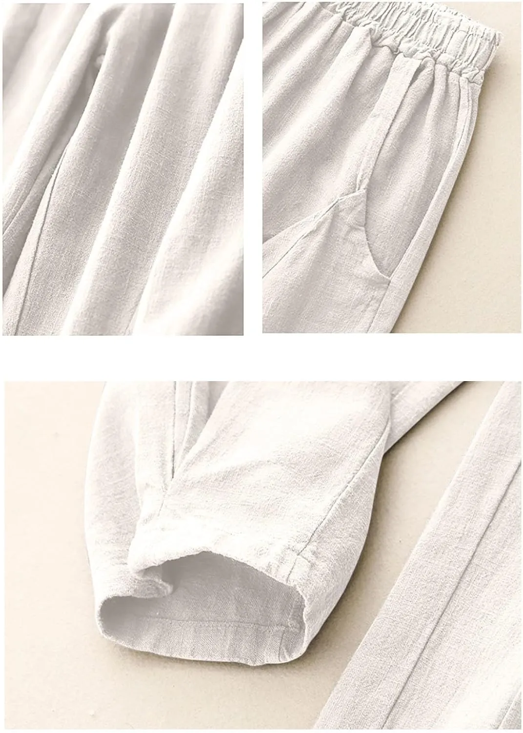 Oplxuo Women Cotton Linen Pants Elastic High Waisted Drawstring Wide Leg Palazzo Pants Casual Loose Trousers with Pockets