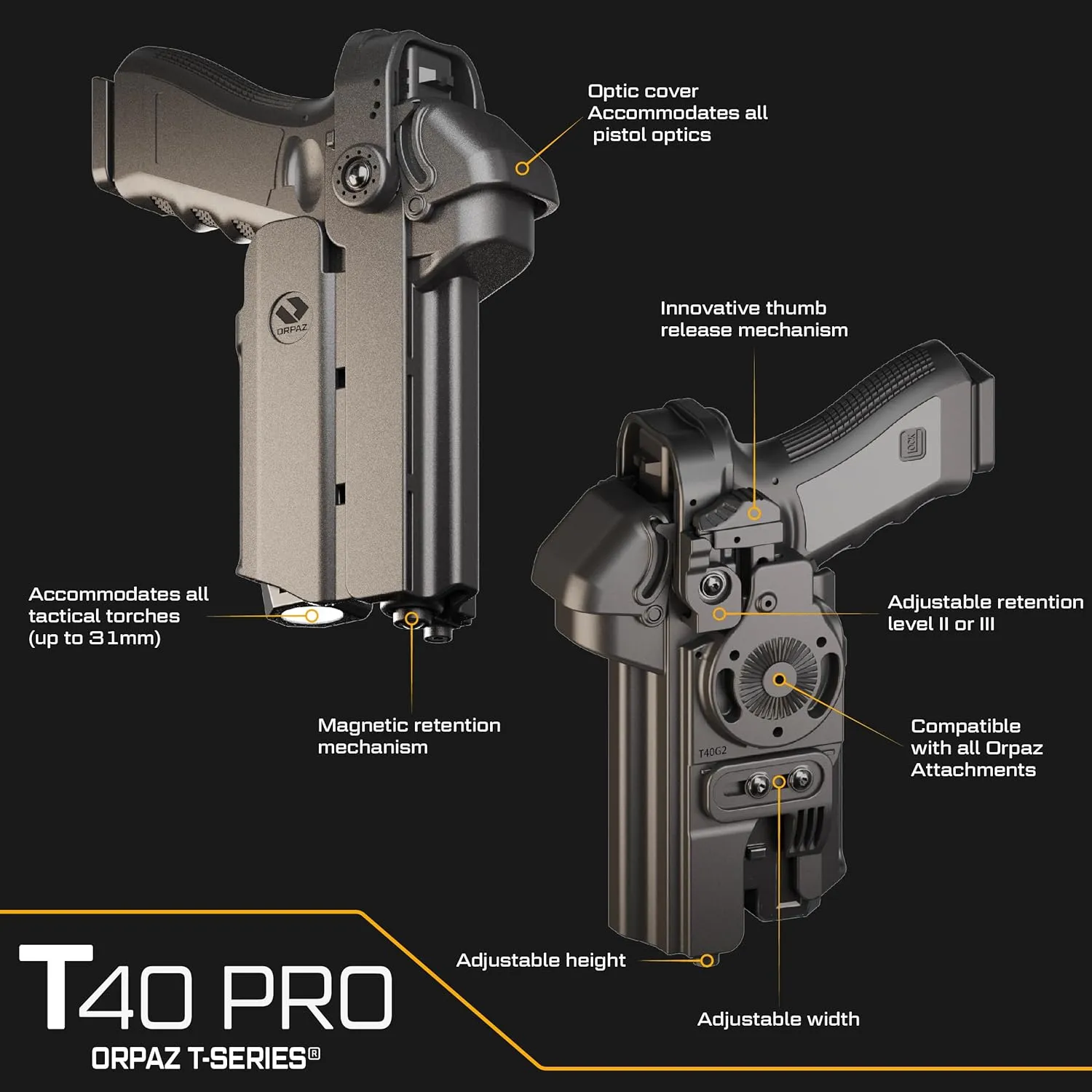 Orpaz T40 G19 Holster with Light, Left-Handed Level II/Level III OWB Light Bearing Holster Compatible with Glock 19, Fits Most Lights, Lasers, Sights and Optics