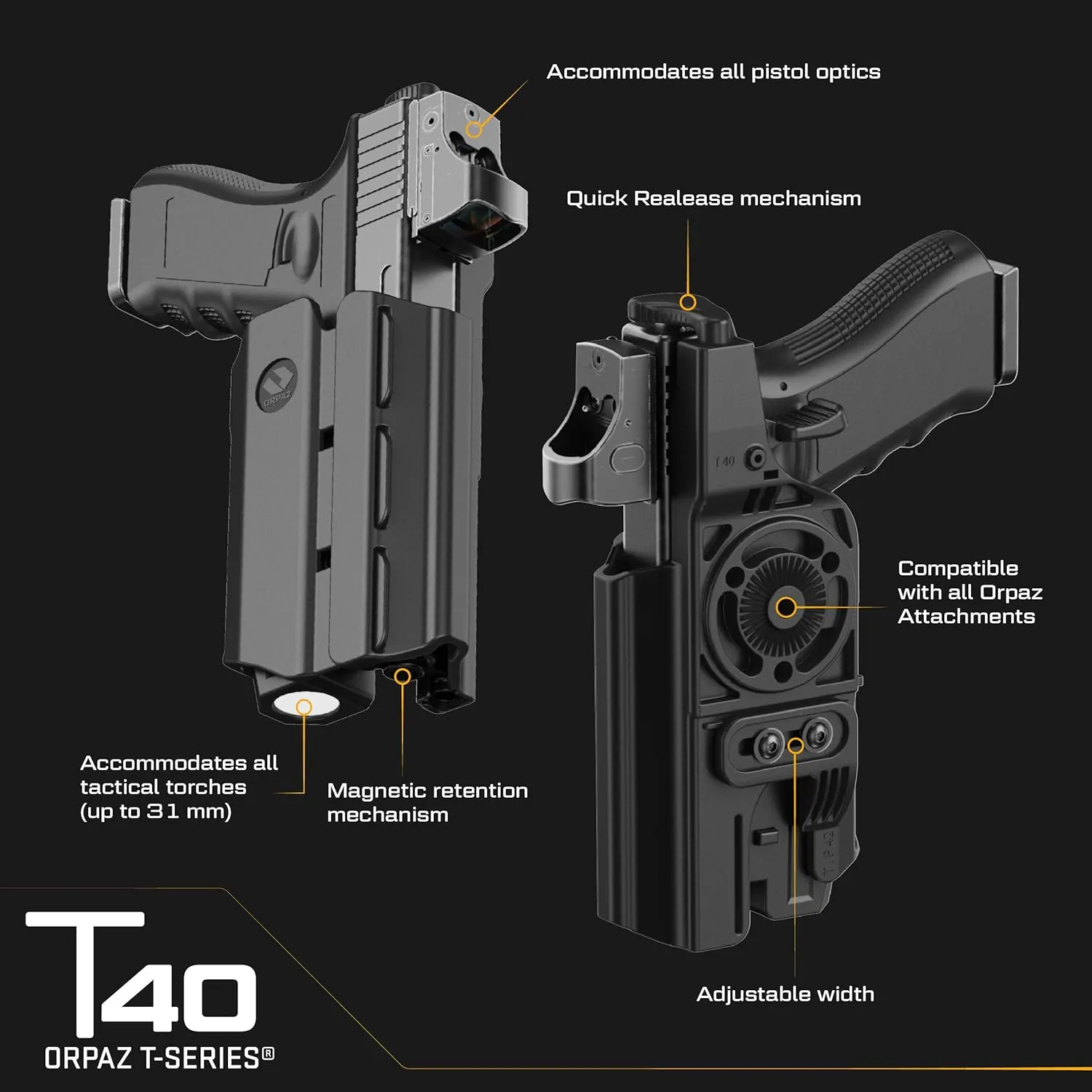Orpaz T40 Light Bearing Holster, Adjustable and Modular Holster with Flashlight Fits Most Pistols and Most Lights, Lasers, Sights and Optics