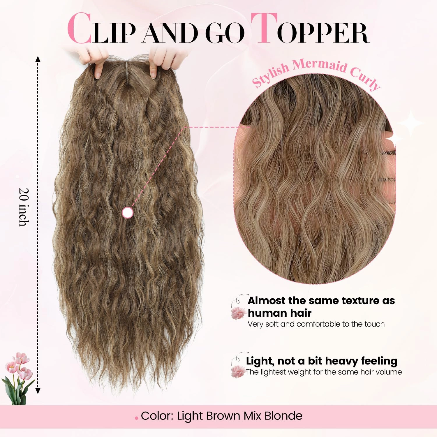 PANEWAY Curly Hair Topper Lightweight, Natural-Looking Hairpiece for Women, Easy Clip-In Hair Extensions for Instant Volume & Coverage