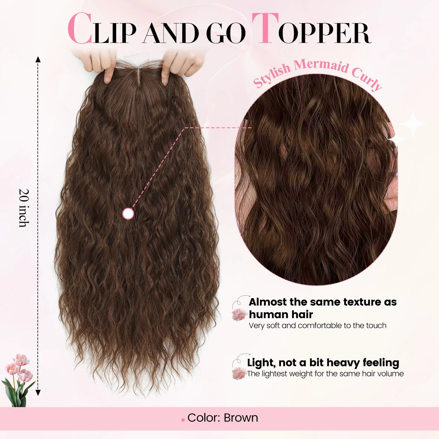PANEWAY Hair Topper 20Inch Hair Toppers For Women with Thinning Hair Add Hair Volume Brown Synthetic 6.5’’x6.5’’ Ladies Wiglets Toppers Hair Pieces for Women