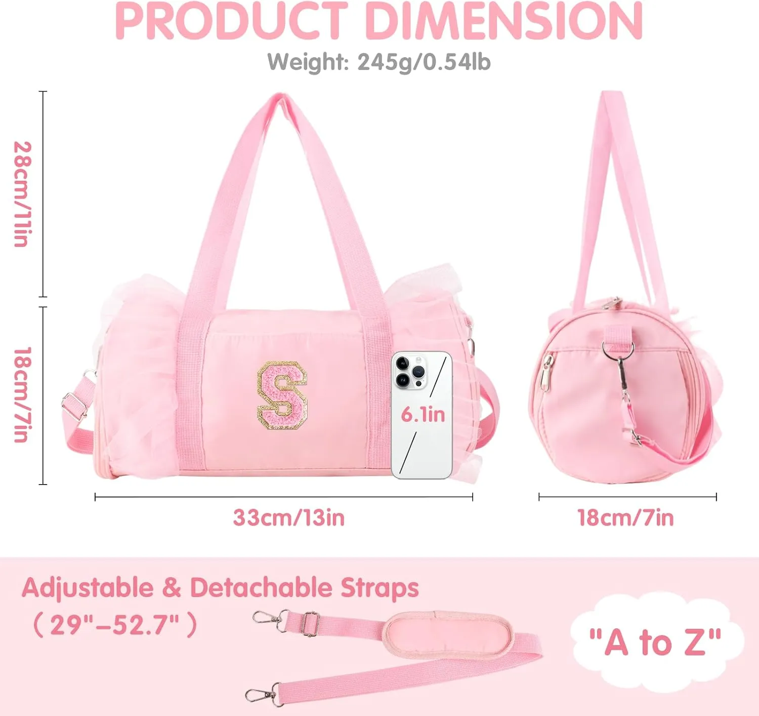Personalized Initial Dance Bag for Girls, Small Lace Gym Sport Yoga Dance Bags Gift for Teen Girls Women, Cute Letter Kids Ballet Bag Zipper Toddler Travel Duffle Tote with Adjustable Straps(Pink-S)
