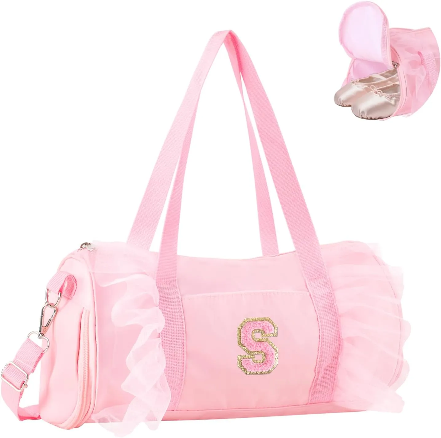Personalized Initial Dance Bag for Girls, Small Lace Gym Sport Yoga Dance Bags Gift for Teen Girls Women, Cute Letter Kids Ballet Bag Zipper Toddler Travel Duffle Tote with Adjustable Straps(Pink-S)