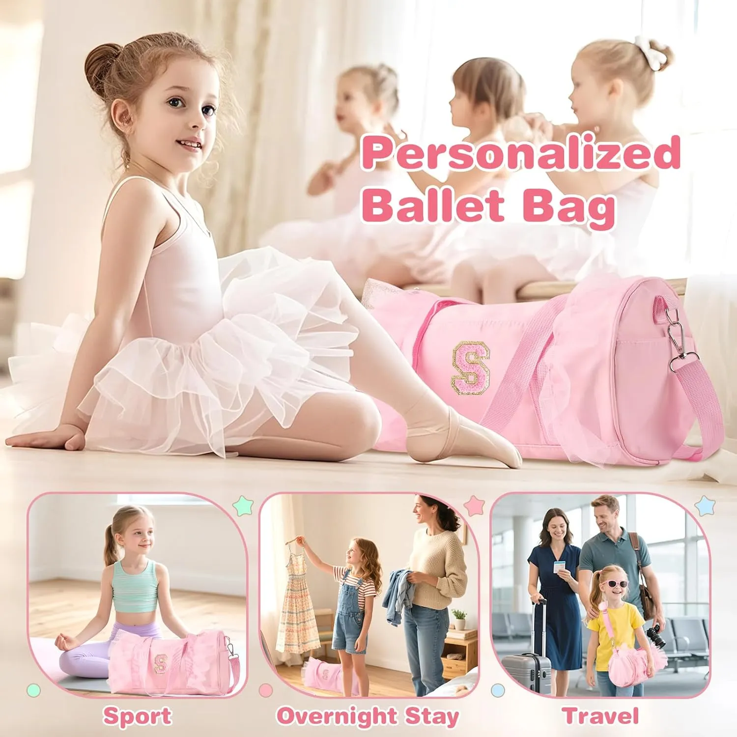 Personalized Initial Dance Bag for Girls, Small Lace Gym Sport Yoga Dance Bags Gift for Teen Girls Women, Cute Letter Kids Ballet Bag Zipper Toddler Travel Duffle Tote with Adjustable Straps(Pink-S)