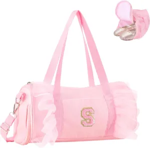 Personalized Initial Dance Bag for Girls, Small Lace Gym Sport Yoga Dance Bags Gift for Teen Girls Women, Cute Letter Kids Ballet Bag Zipper Toddler Travel Duffle Tote with Adjustable Straps(Pink-S)