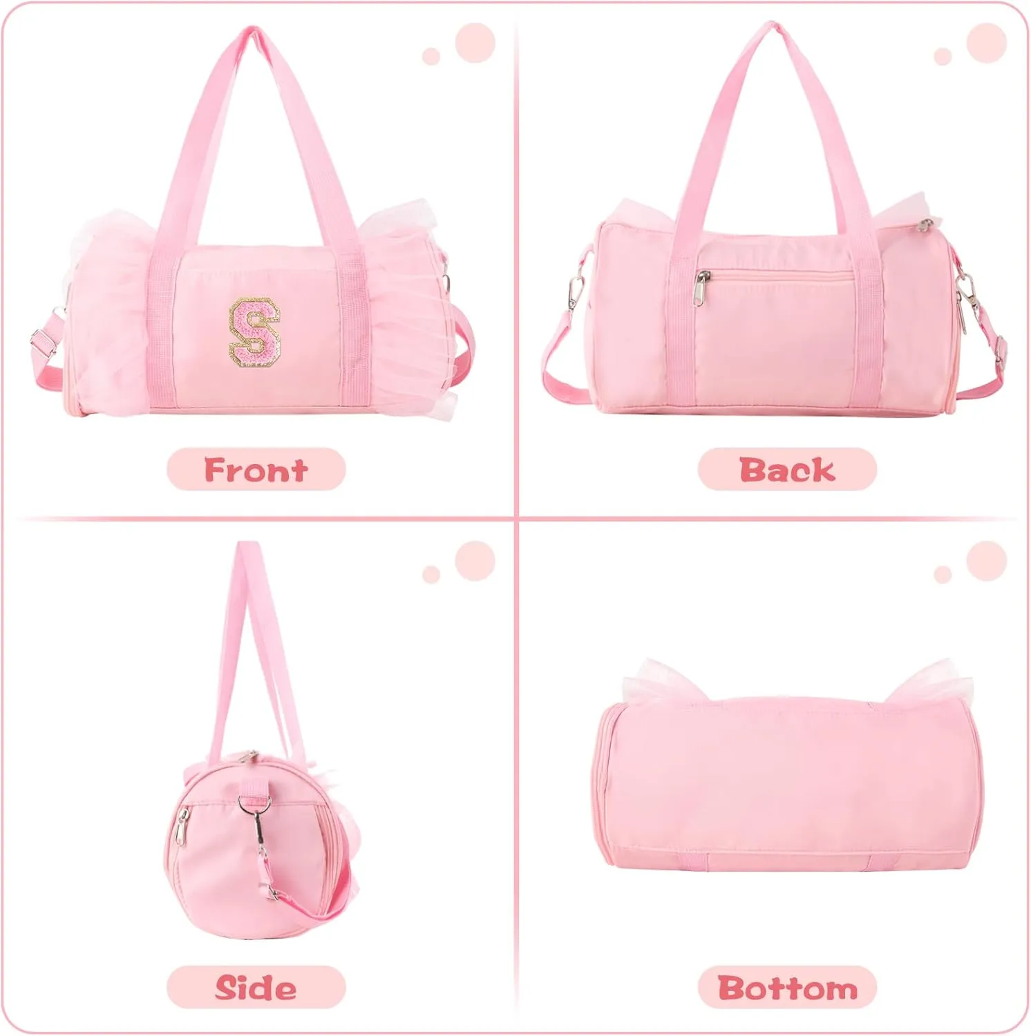 Personalized Initial Dance Bag for Girls, Small Lace Gym Sport Yoga Dance Bags Gift for Teen Girls Women, Cute Letter Kids Ballet Bag Zipper Toddler Travel Duffle Tote with Adjustable Straps(Pink-S)