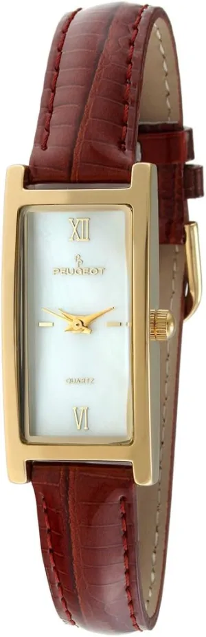 Peugeot Women's Slim 14K Gold Plated White Mother of Pearl Face Roman Numeral Brown Leather Thin Strap Dress Watch 3017BR