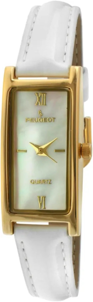 Peugeot Women's Slim 14K Gold Plated White Mother of Pearl Face Roman Numeral White Leather Thin Strap Dress Watch 3017WT
