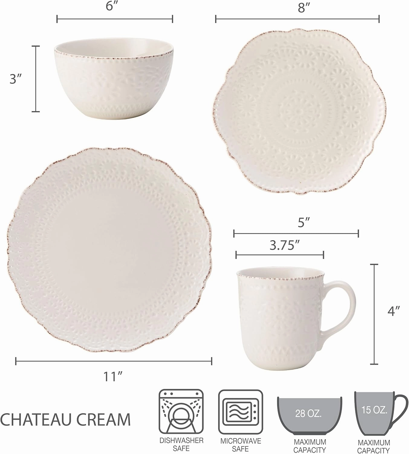 Pfaltzgraff Chateau Cream 16-Piece Stoneware Dinnerware Set, Service for 4, Off White