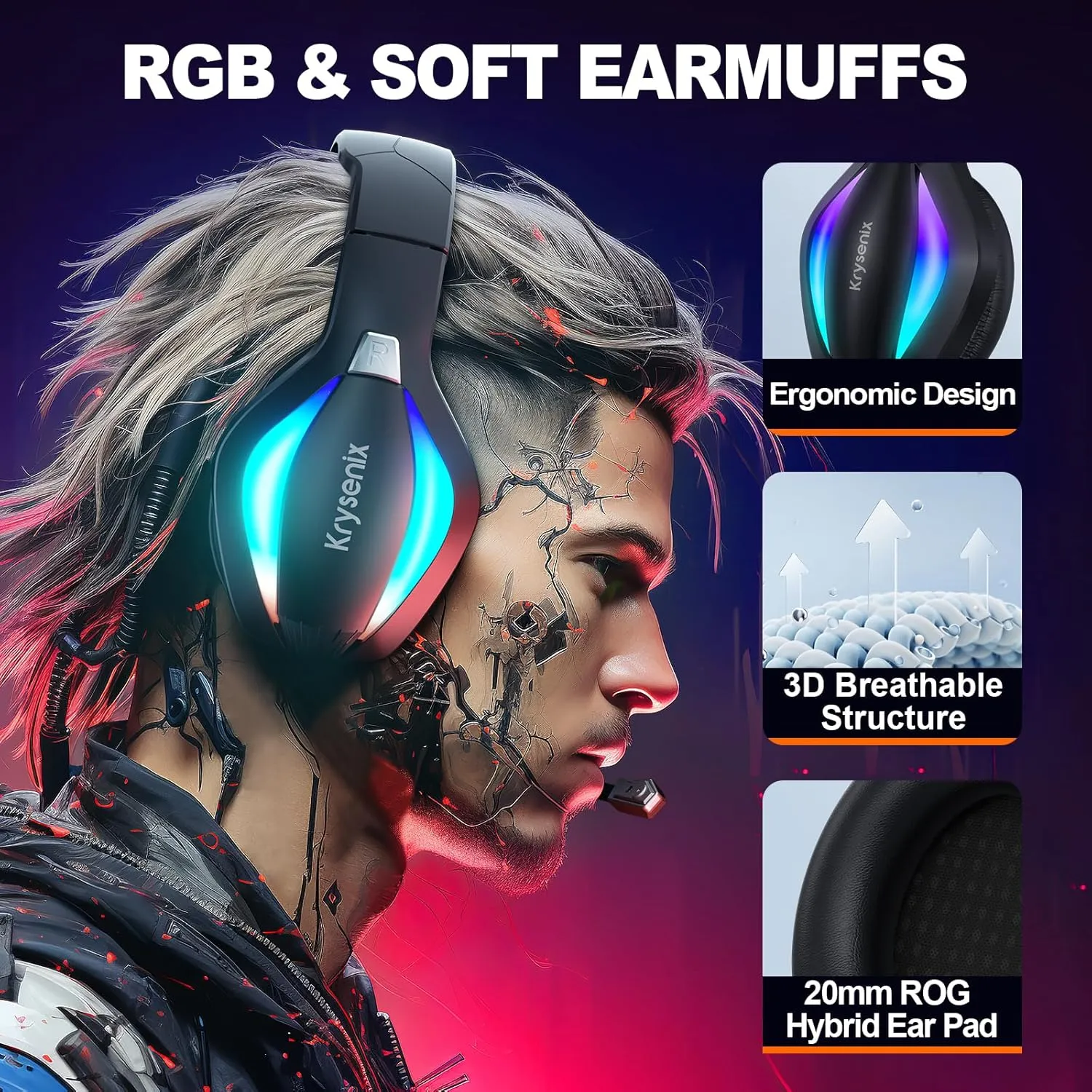 PG1 Gaming Headset with Microphone for PS4, PS5, PC, Switch, Xbox, Gaming Headphones with RGB Light, Computer Headset with Mic & 3.5mm Jack