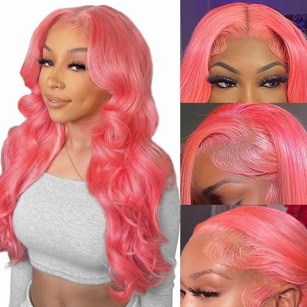 Pink Lace Front Wig Human Hair 13x4 Hd Lace Pink Body Wave Lace Front Wig Human Hair with Baby Hair Colored Wig Human Hair Pre Plucked 180% Density 18 Inch