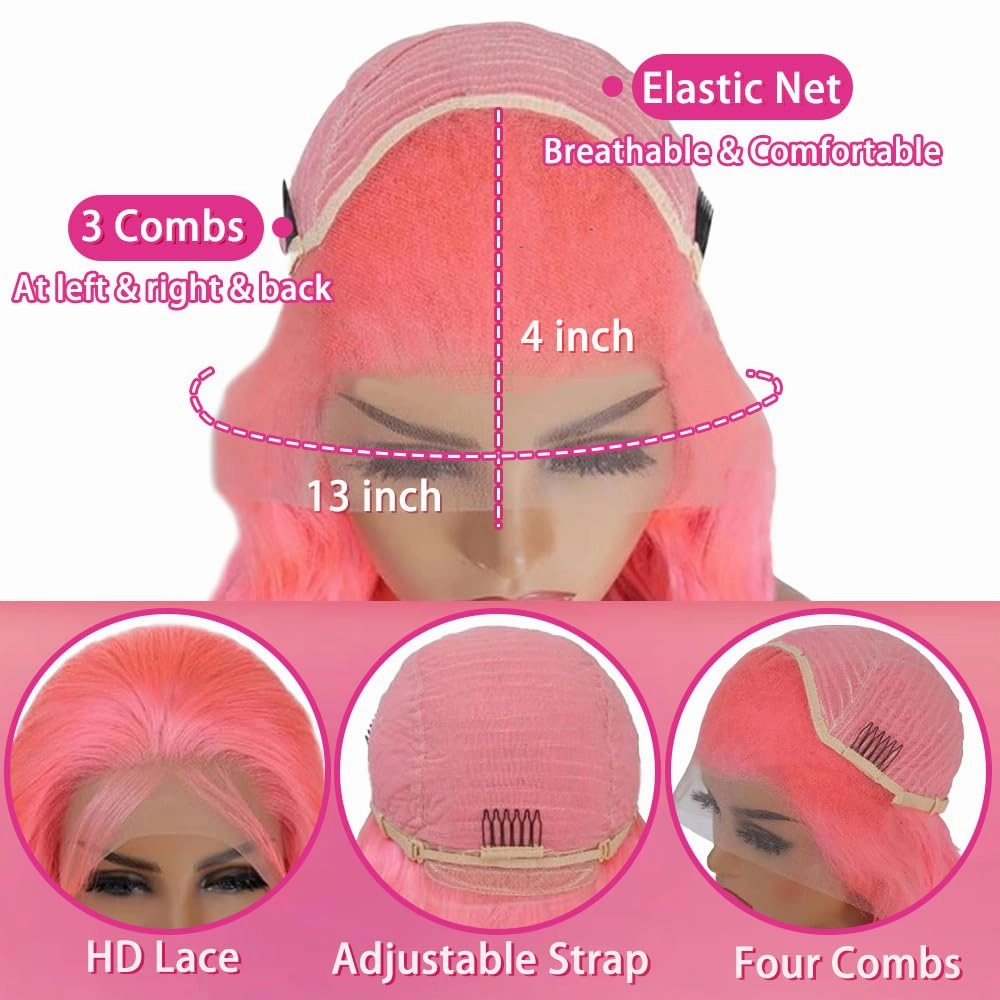 Pink Lace Front Wig Human Hair 13x4 Hd Lace Pink Body Wave Lace Front Wig Human Hair with Baby Hair Colored Wig Human Hair Pre Plucked 180% Density 18 Inch